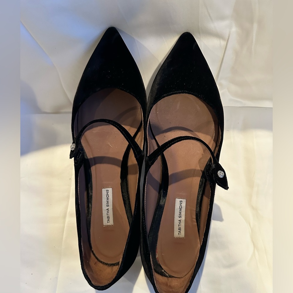 Tabitha Simmons black velvet mary jane flats with diamond-like closure.